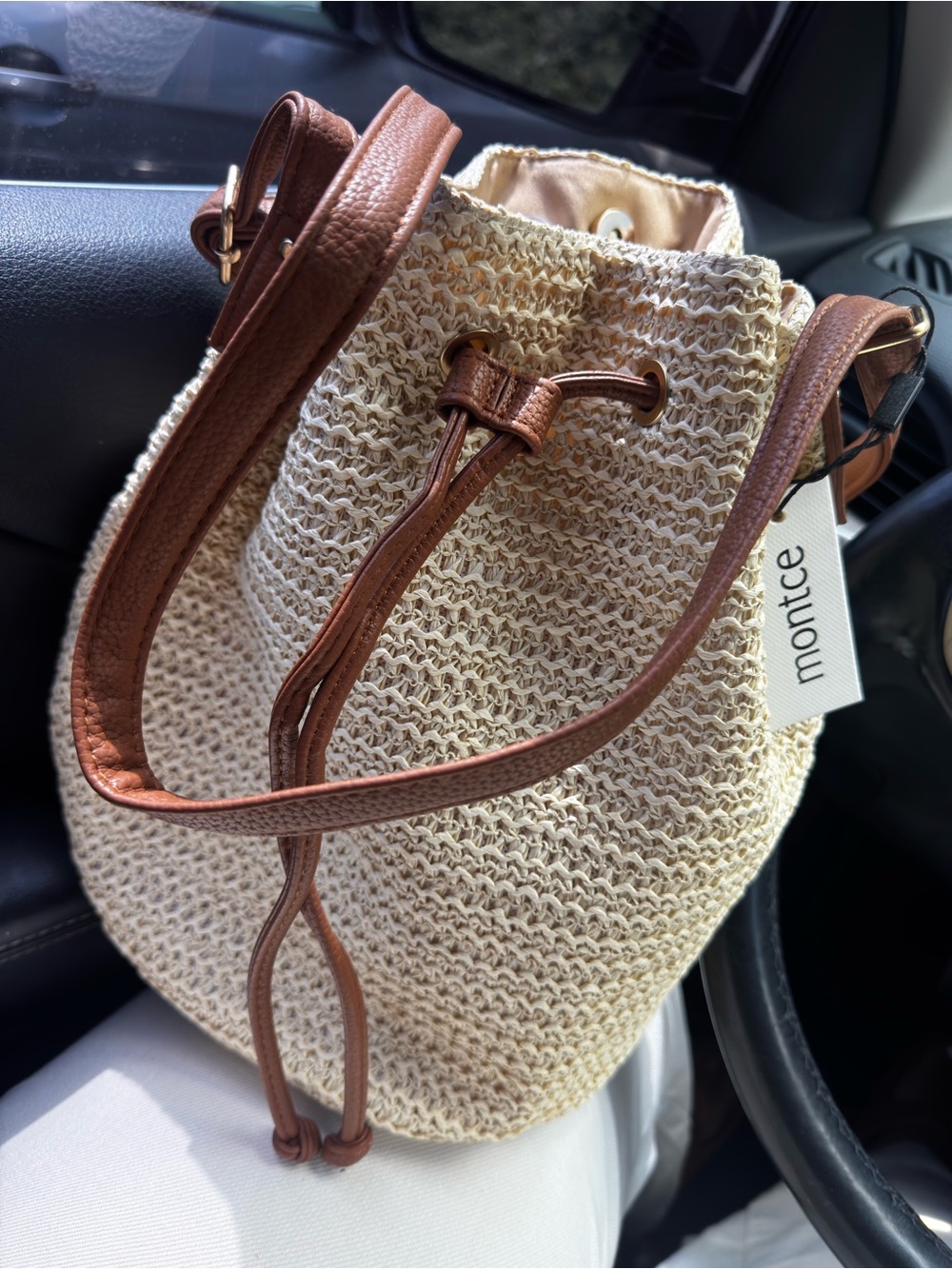 Montce Cream Woven Bucket Bag with Tan Leather Strap